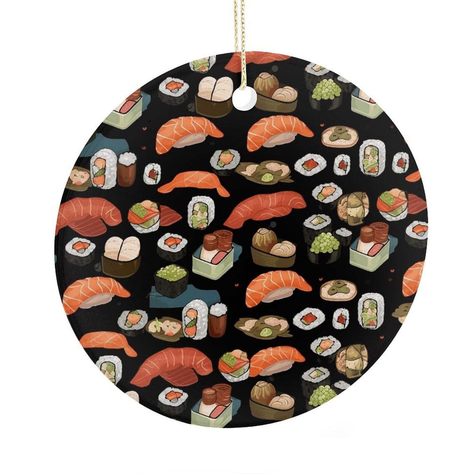 Fekiloot Style Japanese Sushi Black Christmas Ornaments 2.9 Inch Round Ceramic Ornament Keepsake Thank You Gifts For Office, Room, Home - Holiday Present Ideas