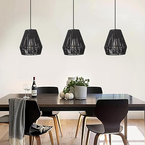 Miniatura 3 de PINDODO Lámpara colgante negra de 7 pulgadas, luces colgantes de ratán, lámpara colgante bohemia costera para granja, cocina, isla, dormitorio, sala