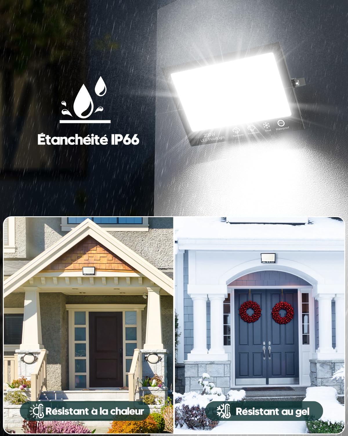 Sararoom Lot de 2 spots LED d'extérieur 200 W 20 000 lm 272 LED blanc froid 6500 K Projecteur extérieur IP65 étanche pour jardin, garage, cour, allée, portes, couloir