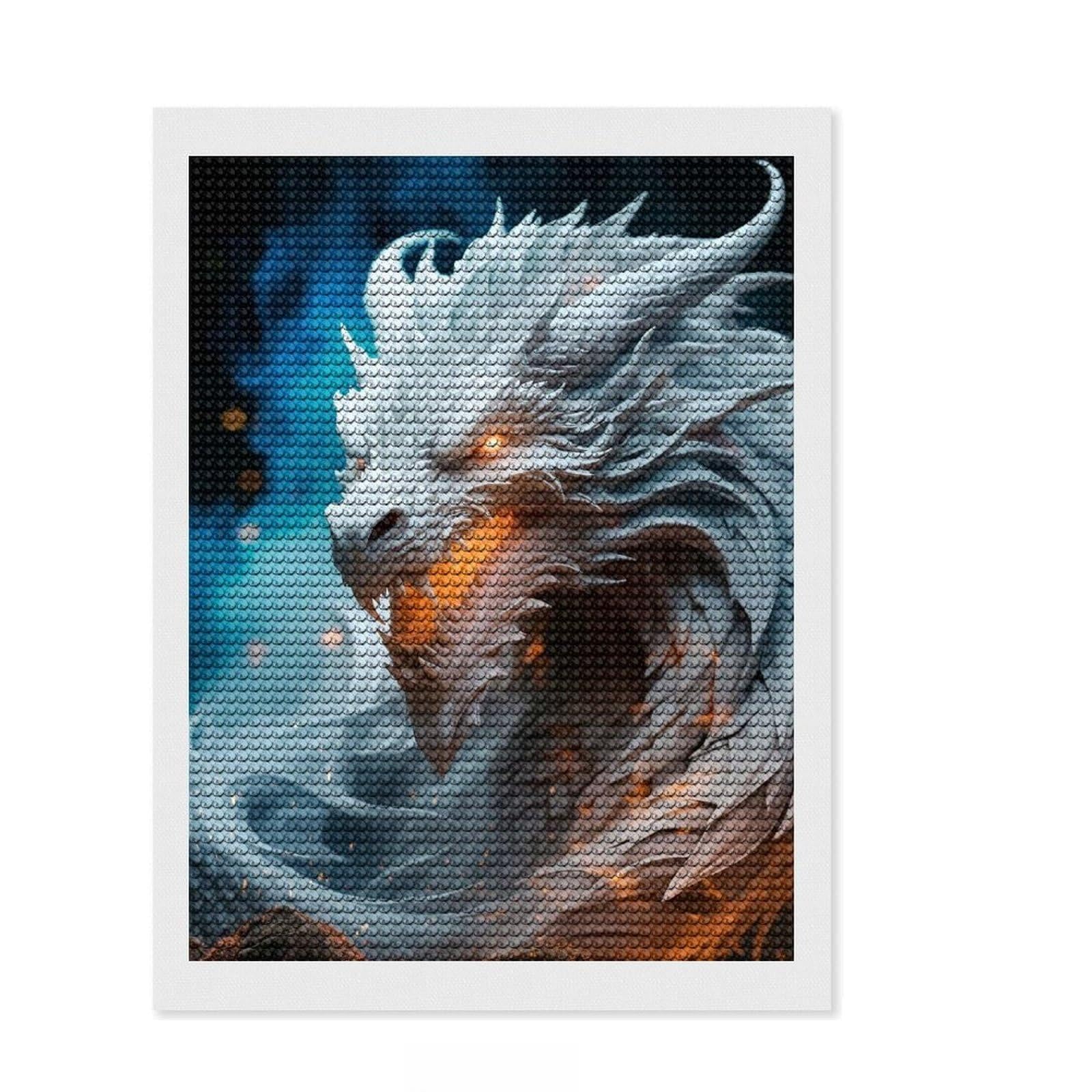 Junmoney White Dragon Crystal Diamond Art Kit 12"x16", Christmas Gift, Easy to Enjoy, Boho Decor, DIY Craft, Leisure Activity