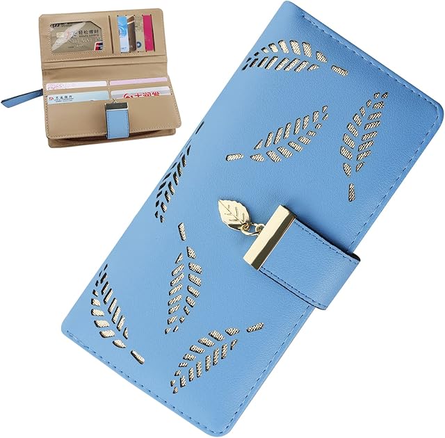 kuou Leather Long Purse, Cute Women Leather Wallet Purses Women Fashion Long Purse Ladies Purse with Leaf Pendant Zipper for Women(Blue)