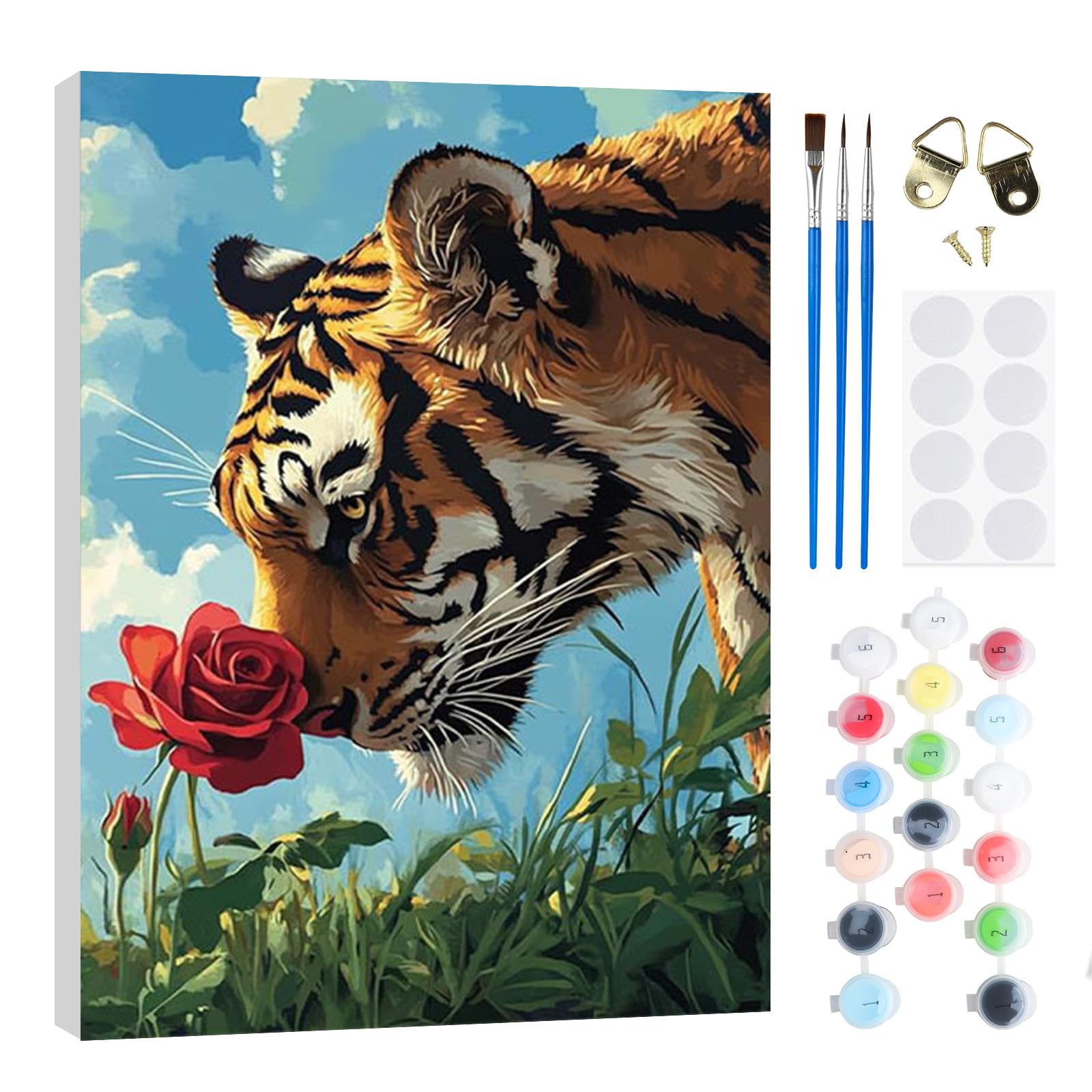 RICUVED Tiger Flower Paint by Numbers Kits Adults, Animal Painting by Number Kits On Canvas,Framed DIY Color Oil Painting Acrylic Paints,Home Wall Decor 20x30cm