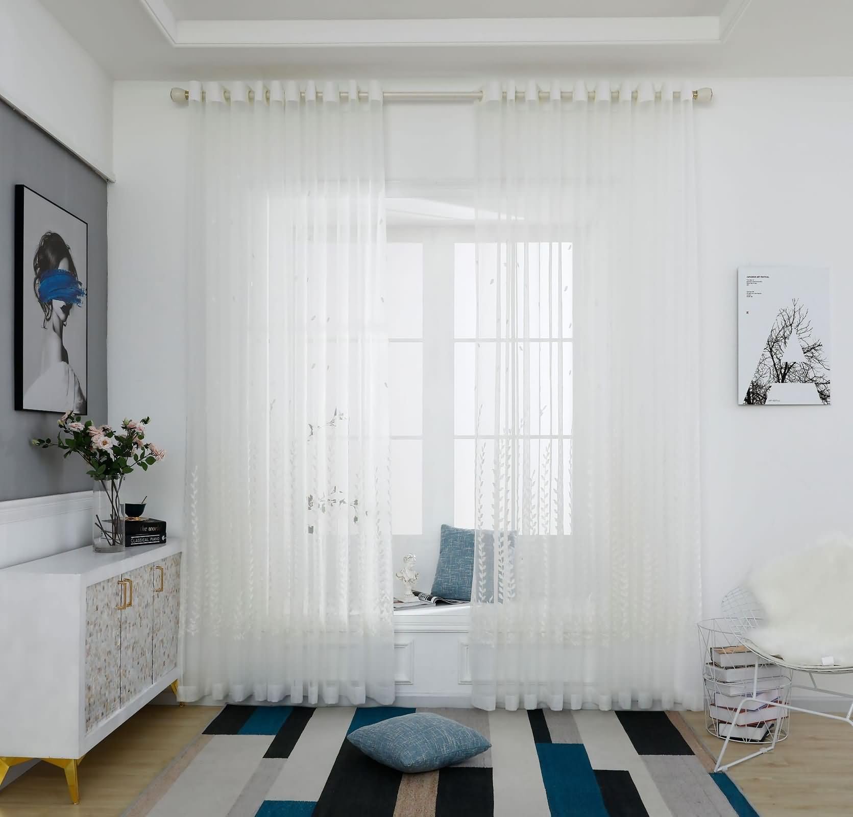 Tenda Salotto Trasparente, 250x270cm Modello a foglia jacquard Tenda decorativa per camera da letto/cucina, Occhiello, Bianco
