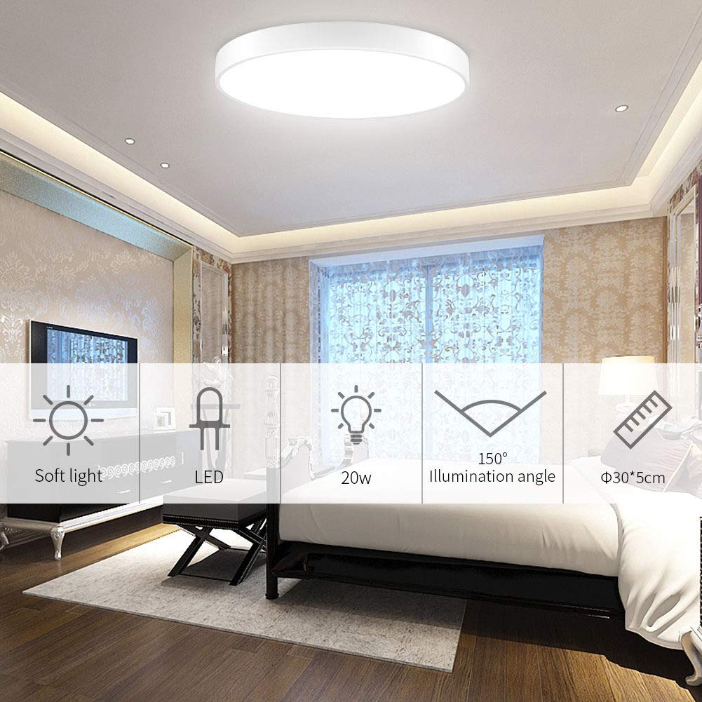 20W/28W/36W/48W Plafonnier LED dimmable, Lumière de Plafond Réglable, Eclairage Puissant Intérieur, Luminaire LED Rond pour Chambre, Salon, Salle à Manger, Séjour,Kaltweiß-20W/30cm