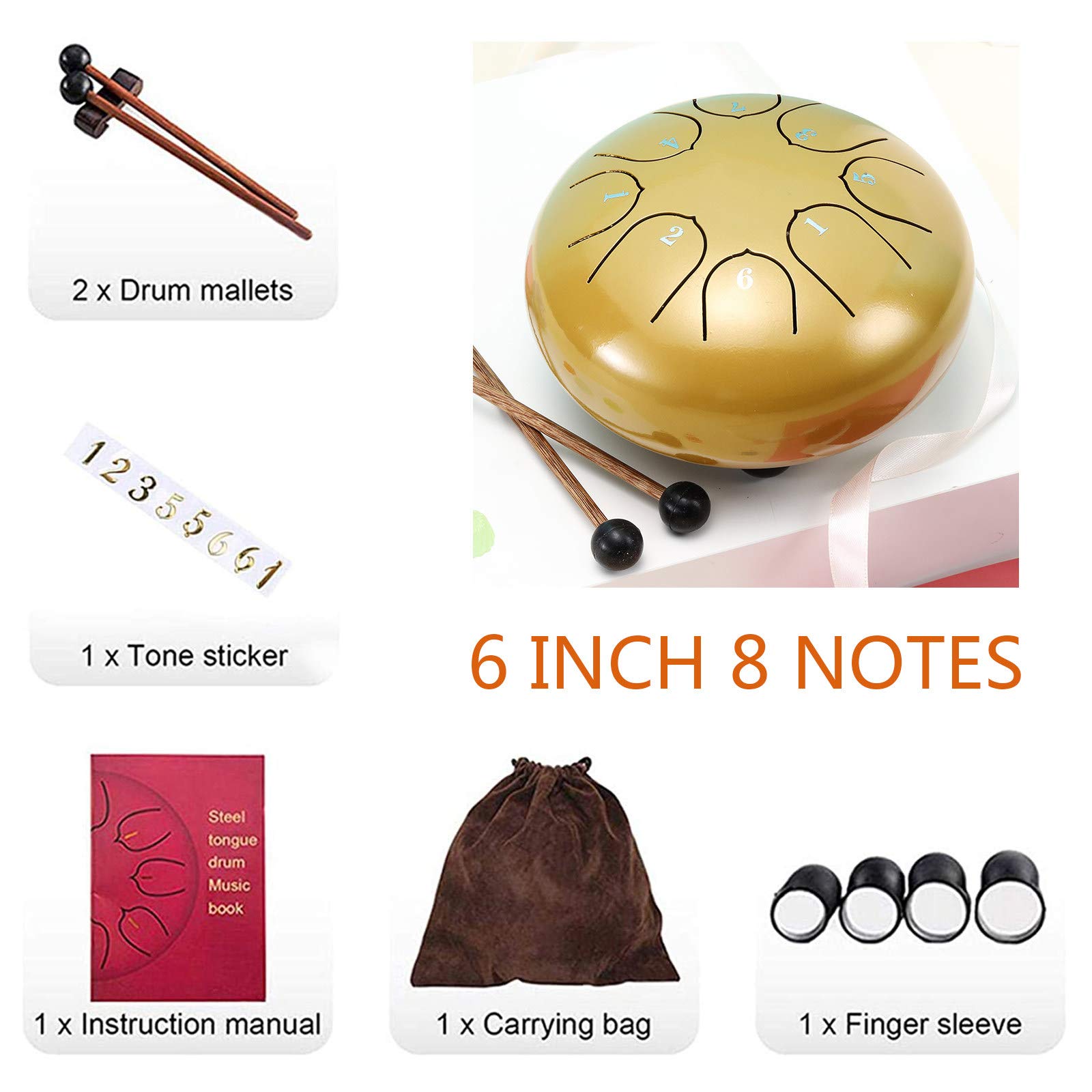 Stalowy bęben dla dzieci Dorośli, 6 cali 8 nut Handpan Zestaw perkusyjny dla początkujących, Instrument perkusyjny Lotus Hand Pan Bęben z torbą, młotki, do muzycznego uzdrawiania umysłu Joga, złoto