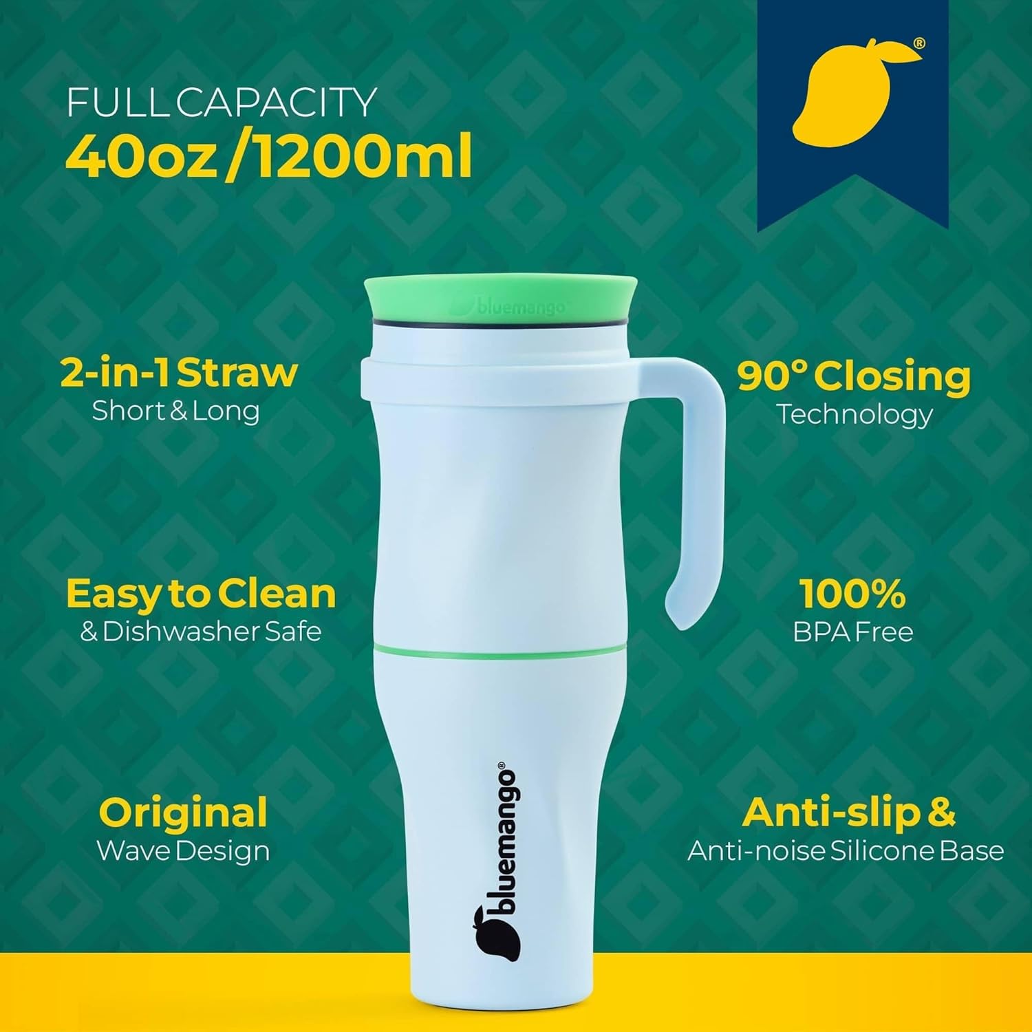 Bluemango 40oz 2-In-1 Tumbler Thermo Cup Mug With Handle - Large Insulated Water Bottle With Lid And Straw, Stainless Steel Vacuum Coffee Tumblers Cups For Travel, Thermal Thermo Bottles For Hot Cold