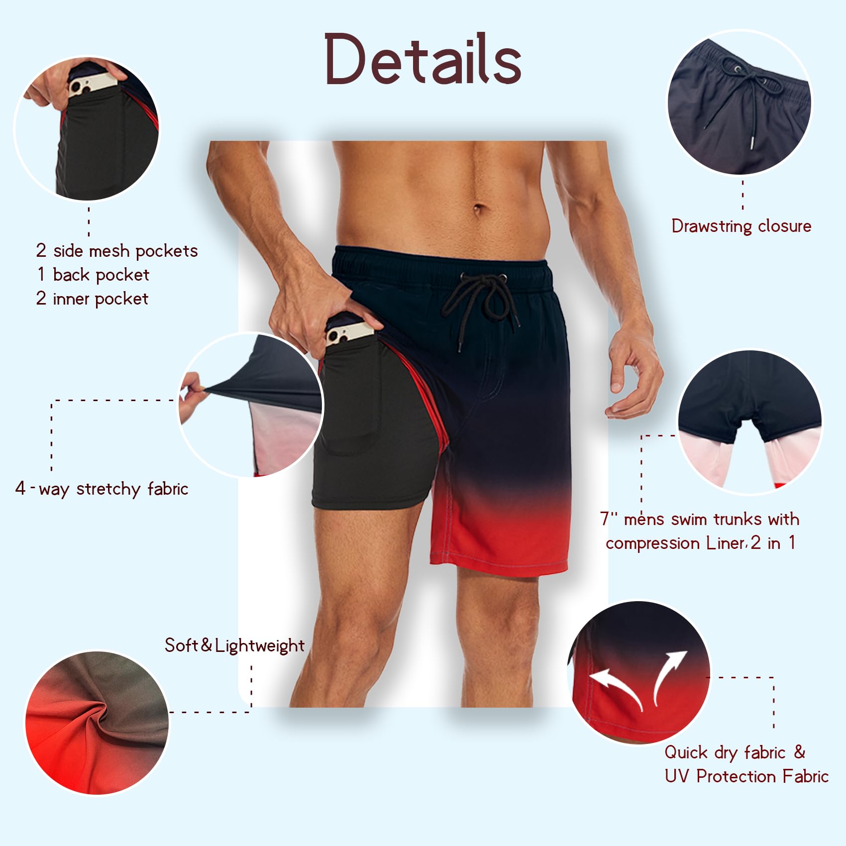 Traje de baño para hombre con forro de compresión, entrepierna de 7 pulgadas, secado rápido, pantalones cortos de playa 2 en 1 con bolsillos S-3XL