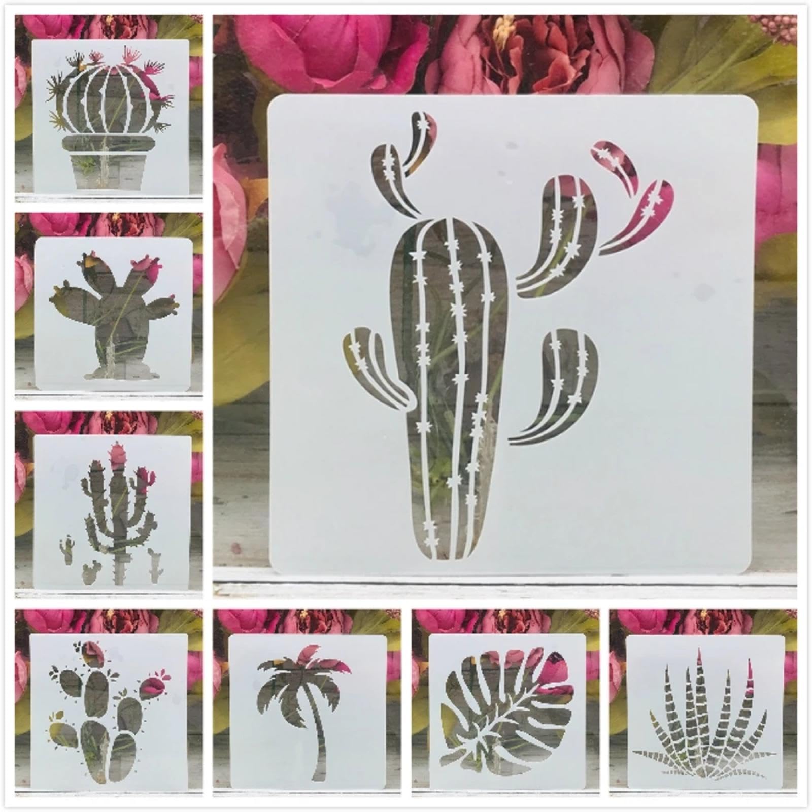 Lot de 8 pochoirs réutilisables de 15 cm pour peinture sur bois, cactus, plantes succulentes, travaux manuels, toile, papier, tissu, meubles – Pochoirs pour peinture sur murs