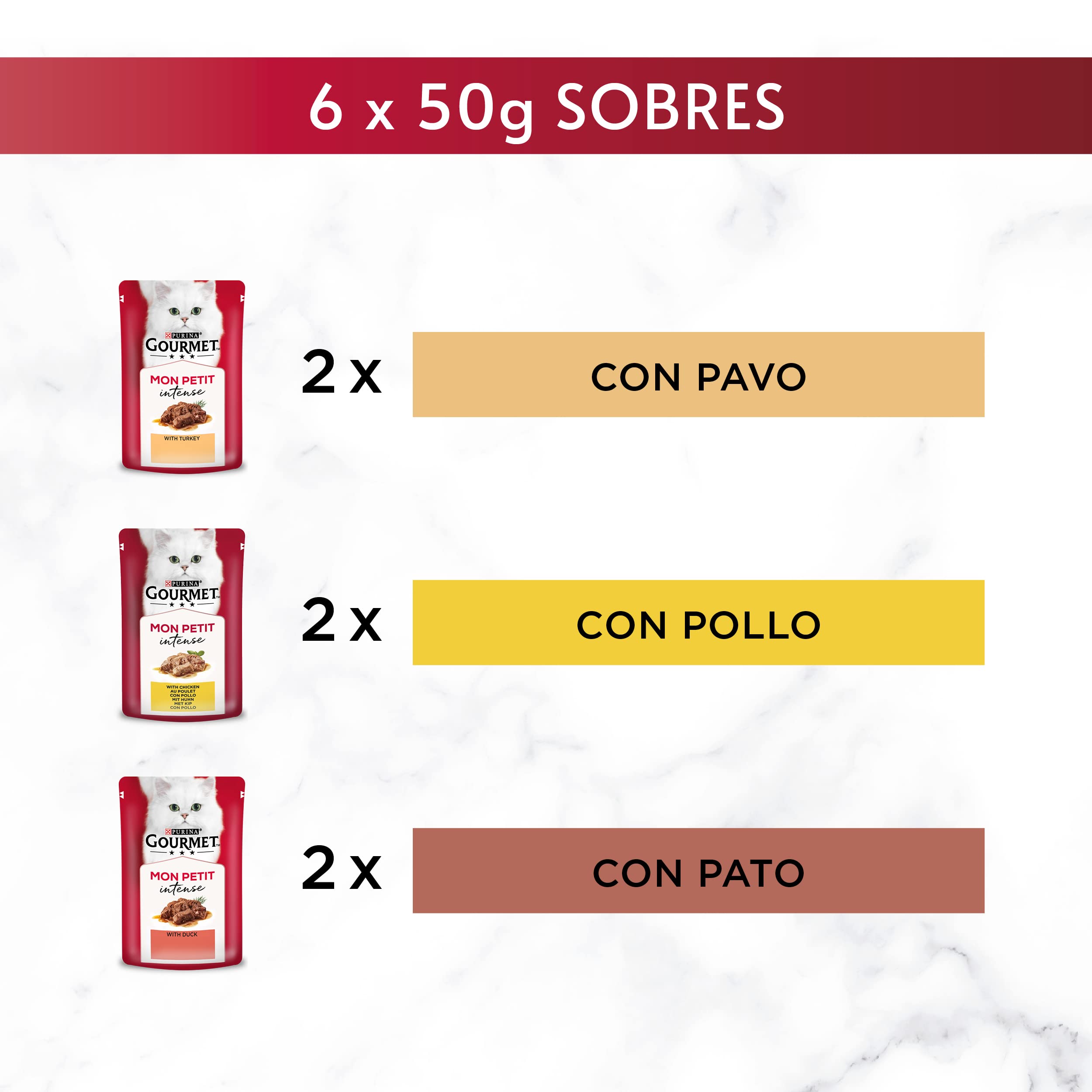 GOURMET Mon Petit, Comida Húmeda para Gato Adulto, Trocitos en Salsa, Surtido de Pavo, Pollo y Pato, 8 Packs de 6 Sobres de 50 g. (48 sobres)