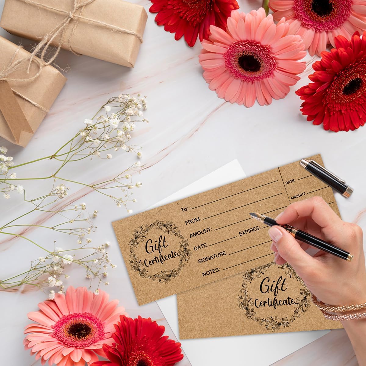 50 Sets Gift Certificates for Business, Blank Kraft Gift Cards Certificates with Envelopes, for Salon Restaurants Spa Marriage Birthday Client Vouchers - Retro Garland - Image 4