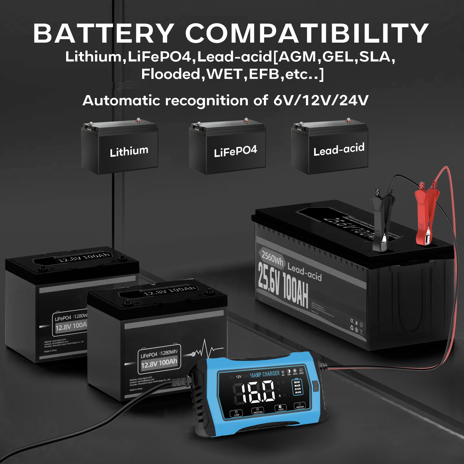 Haisito 16 A ładowarka do akumulatora samochodowego 12 V 16 A/24 V 10 A bateria litowa LiFePO4 ładowarka do akumulatorów ołowiowych (AGM, SLA itd.) z 10-stopniową funkcją ładowania, ekran LCD do