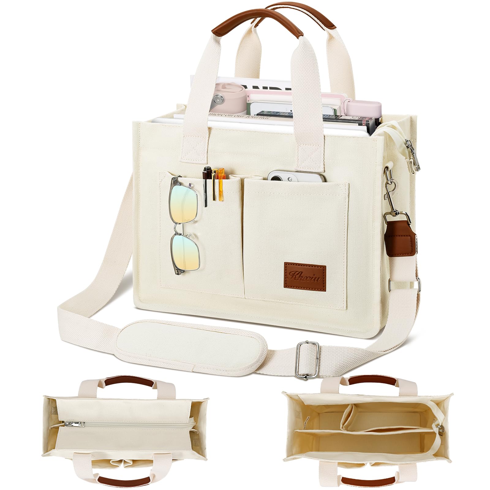 KKXIU Large Canvas Tote Bag for Women with Zipper and Compartments Crossbody Work Bible Messenger Purse Bag With