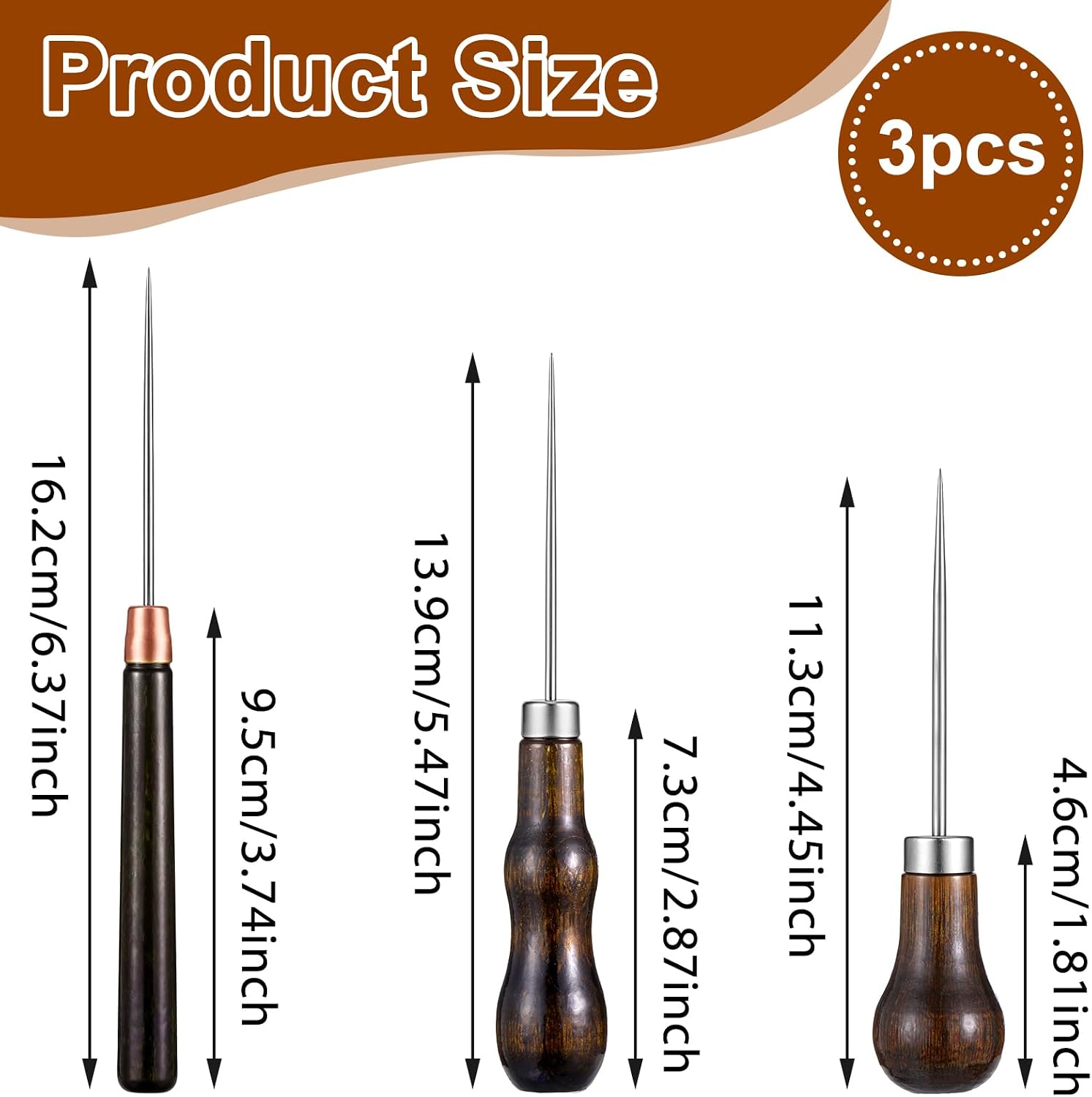 Scratch Awl Tool, 3 PCS Leather Sewing Awl Punch Tool Gourd Shape Punch Stitch Pin with Wooden Handle for Leather Crafts Shoes Repair Sewing Making Supplies