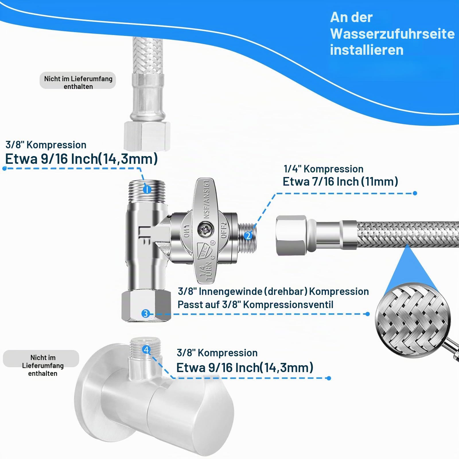 Kühlschrank-Wasserleitungs-Set, 9,2 m, Premium-Edelstahl-geflochtene Kühlschrank-Wasserleitung mit T-Abschlagventil, lebensmittelechter PEX-Innenschlauch, Eisbereiter, Wasserleitung mit 6,35 mm