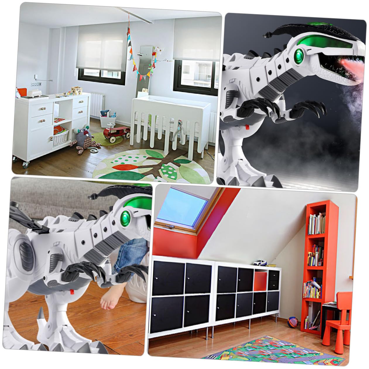 Dinosaurio Mecánico de Escritorio Blanco Resistencia al Desgaste y Óxido, Juguete Eléctrico Creativo Función de Niebla para Exhibición en Casa o Escritorio