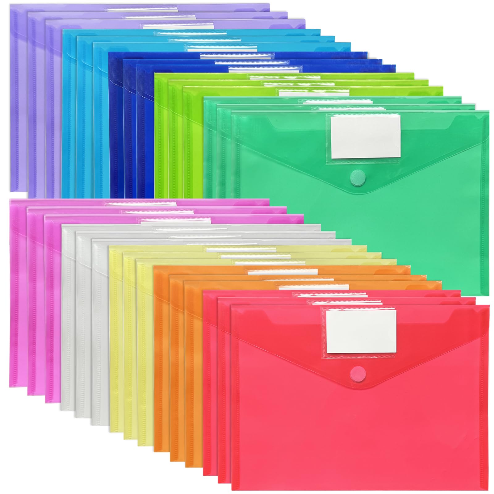 30 Pack A4 Plastic Wallets, 10 Assorted Colours Document Folder with Label Pocket & Velcro Seal - Waterproof Folders for Paperwork, Ideal for Workplace, Classroom, Household & Travel