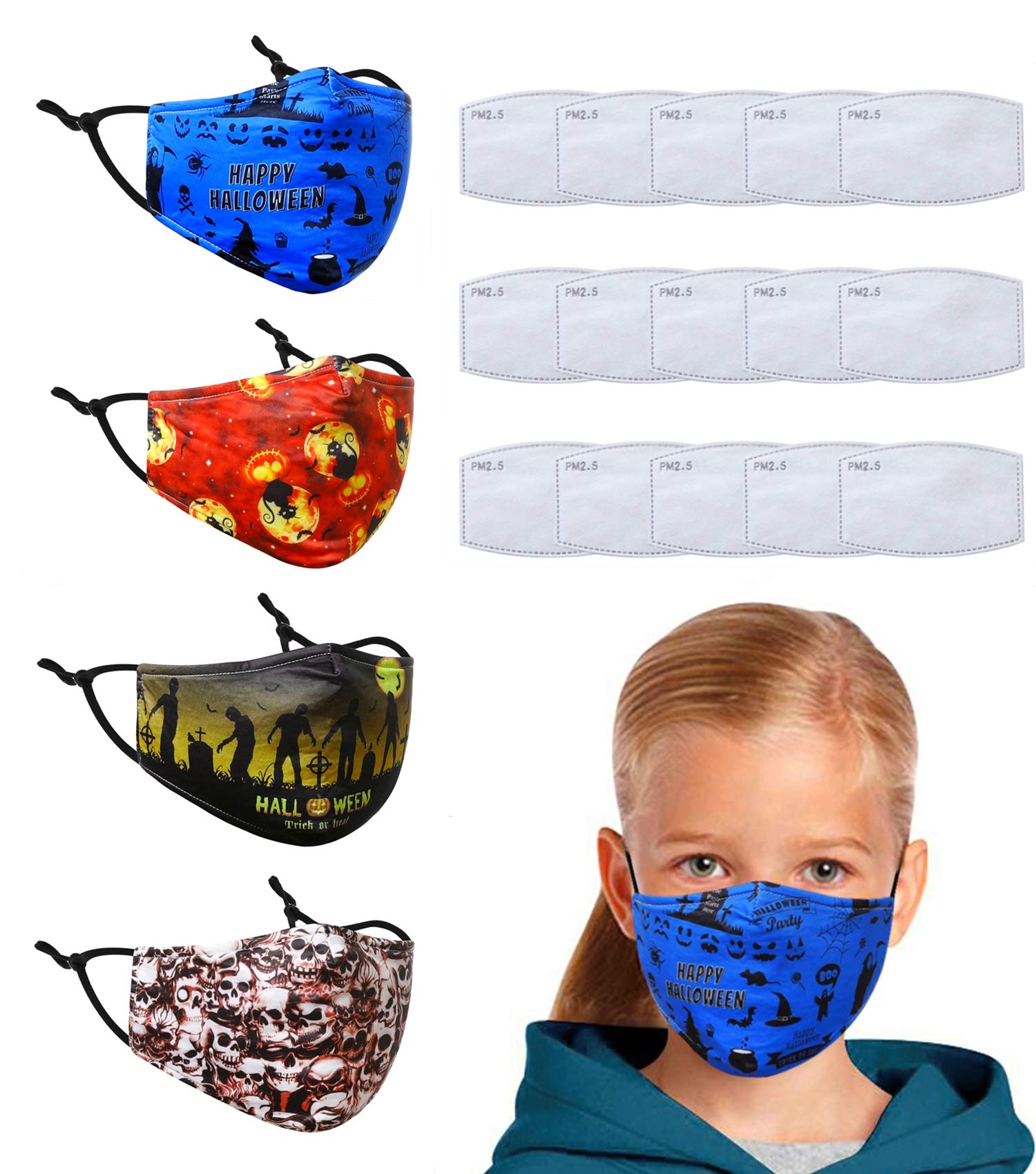 4 pcs 3 Layers Warm Face Covering Mask Warm Washable Reusable Cotton Winter Mask with 15 Pcs Carbon Filter