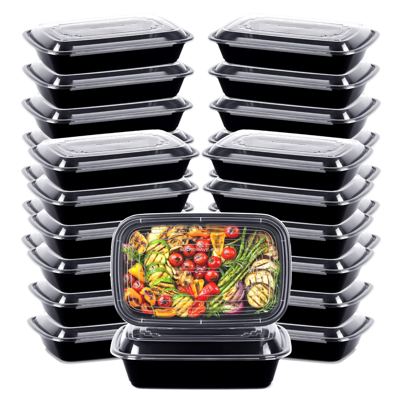 Confezione da 30 contenitori riutilizzabili con 1 scomparto, 828 ml / 28oz, senza BPA, con coperchio, impilabili, per congelatore, microonde, congelatore e lavastoviglie
