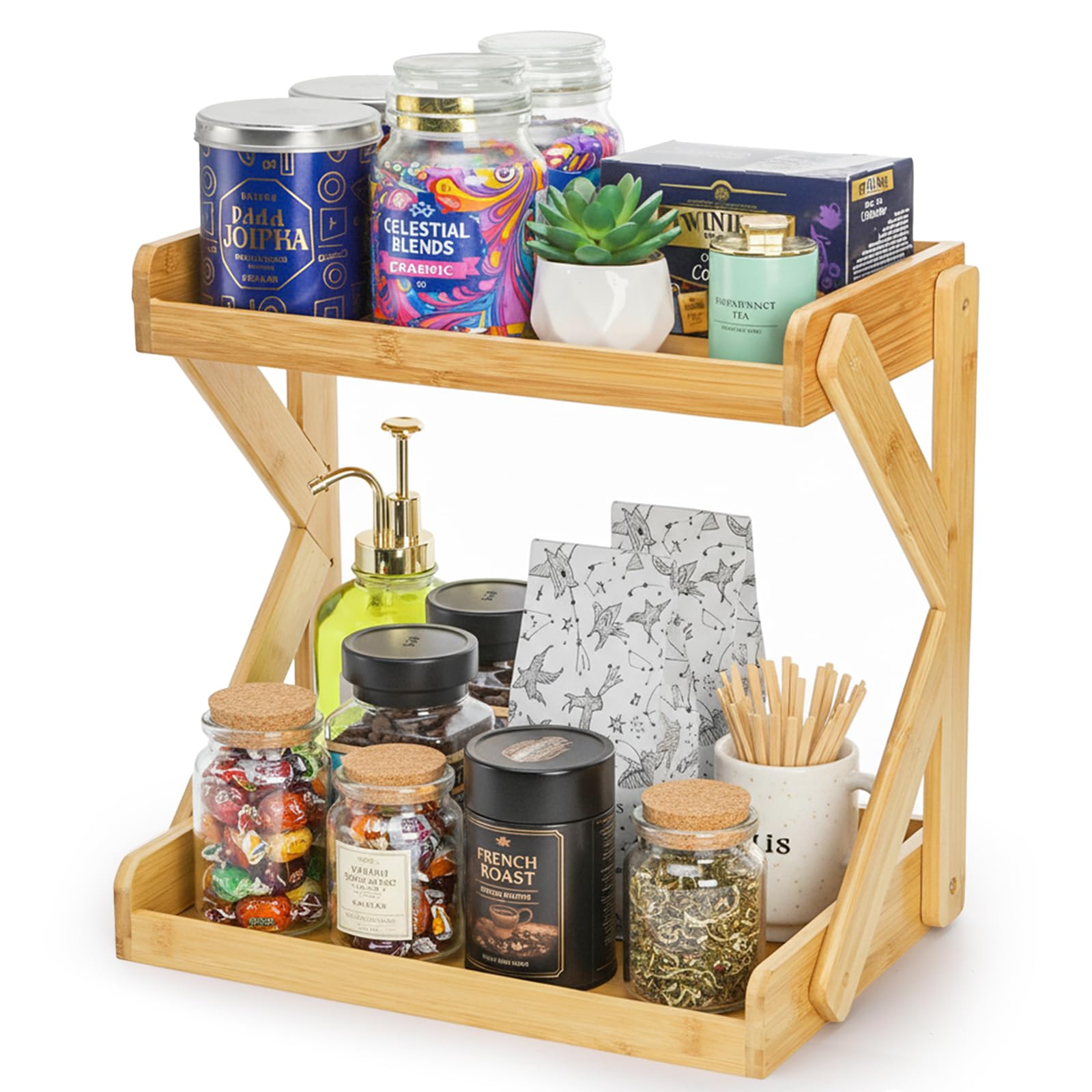AVLA 2-Tier Coffee Station Organizer, Bamboo Kitchen Counter Shelf, Countertop Spice Condiment Rack Syrup Storage Holder, Tea Station Stand for Coffee Bar Accessories, Office, Home, Desktop