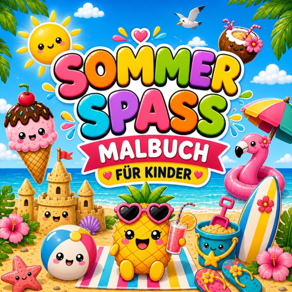 Sommer Spaß Malbuch für Kinder: 35 niedliche Sommermotive zum Ausmalen | Ausmalbilder mit Sonne, Strand und Ferienmotiven | Für Kinder ab 3 Jahren