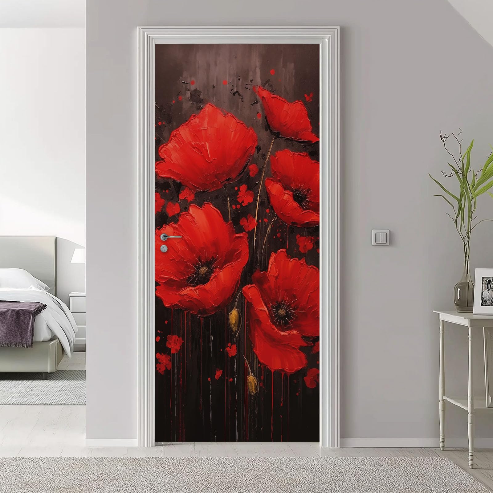 Vintage Blumen Türaufkleber, Abstrakt Blütenblätter Graffiti Wasserdichte Selbstklebende Tapeten Wandbilder 2 Stück, Dunkelgrau Pvc Abnehmbare Türsticker Dekoration für Schlafzimmer Schrank, 95x215 cm