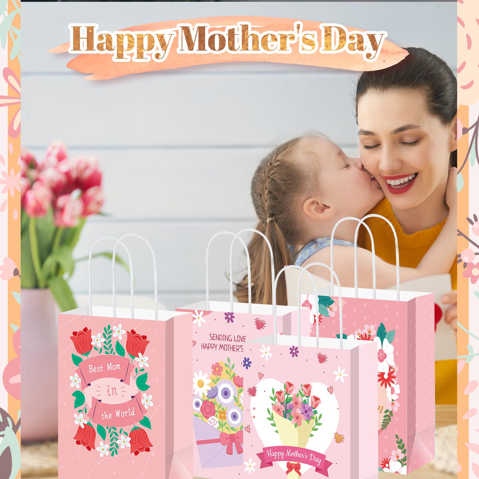 Yeaqee 100 Pcs Mother's Day Pape Gift Bags with Handles Pink Floral Treat Bags Bulk for Mother's Day Party Favors Decorations