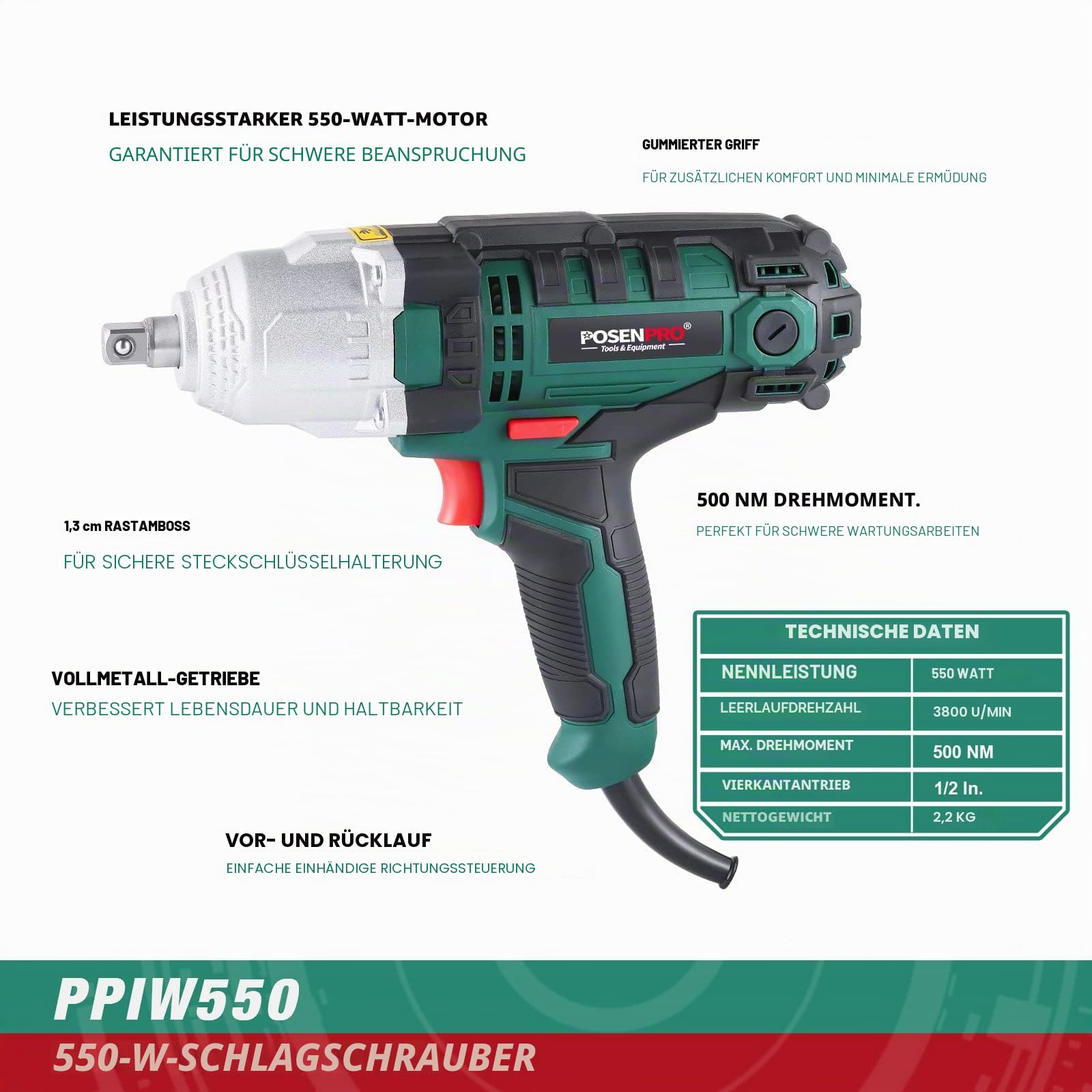 POSENPRO Schlagschrauber 550 W, Drehmoment 500 Nm, Softgrip, Rechts-/Linkslauf, 3.800 1/min, 1/2" Werkzeugaufnahme, inkl. 4 Stecknüsse & Transportkoffer