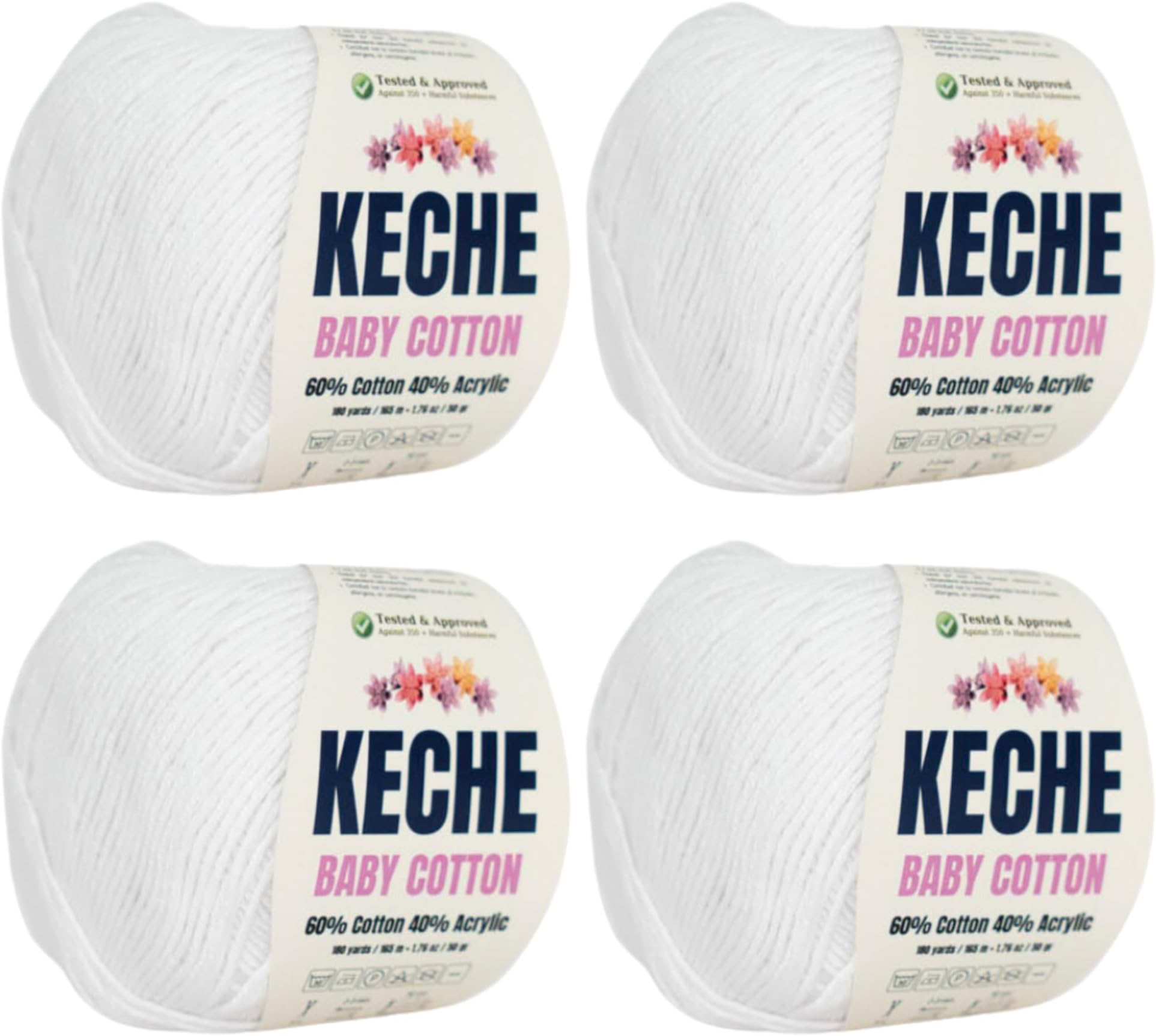 Keche Cotton Yarn, 60% Cotton 40% Acrylic Yarn, Soft Cotton Yarn for Crochet and Knitting, Amigurumi Yarn 4 Skeins/Balls [1.76 Oz (50g) / 180 Yrds (165m)] x 4 - White