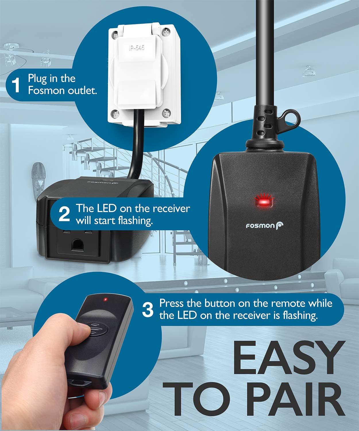 Diagram showing steps to pair Fosmon remote with an outlet