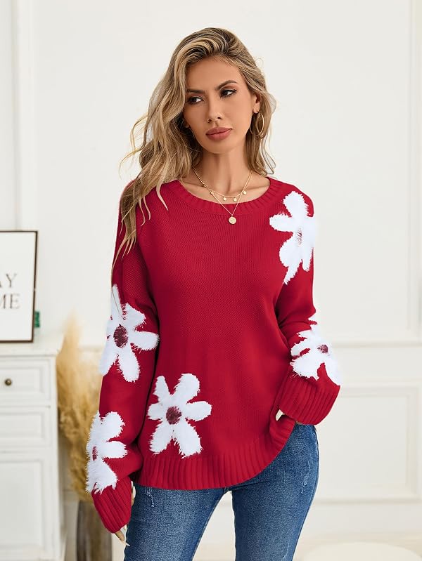 BreathSunny Womens Oversized Flower Sweaters Crew Neck Cute Knit Fall 2025 Trendy Long Sleeve Floral Pullover Jumper Tops Red M by BreathSunny - Used condition - Image 4