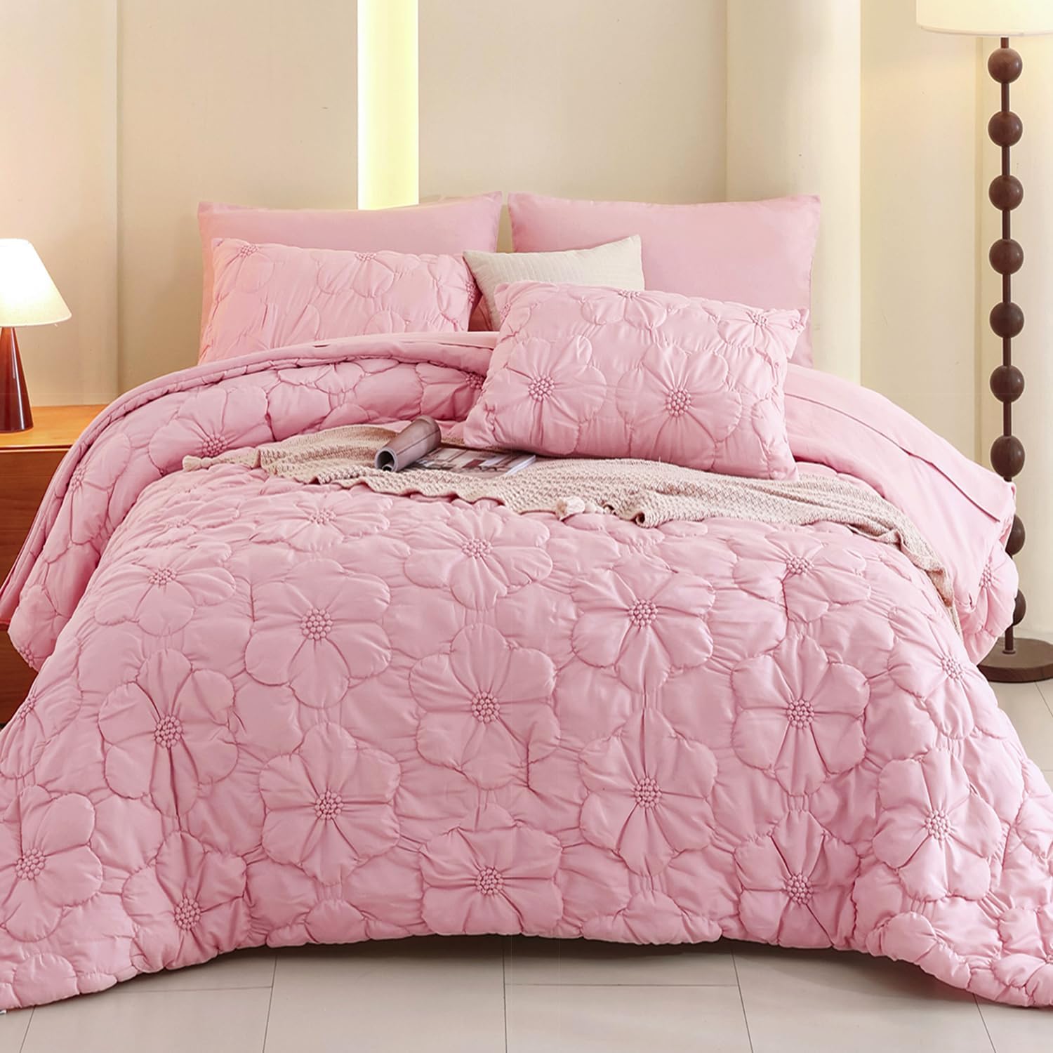 Pink King Comforter Set,7 Pieces Pintuck Comforters,Floral Ruched Bedding Set,Exquisite Bedding Comforter Set for All Season with Comforter,Flat Sheet,Fitted Sheet and Pillowcases & Shams(104"x90")