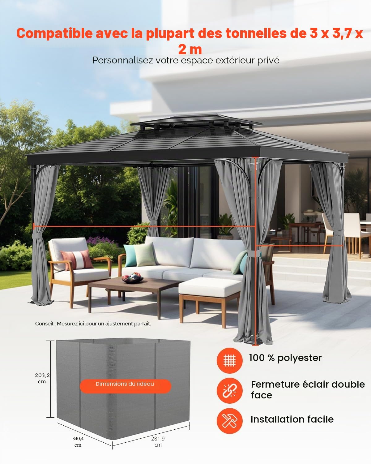VEVOR Rideau d'intimité pour tonnelle imperméable extérieur, 283x340x203,5 cm, Rideau de Rechange Universel à 4 Panneaux, avec Fermeture éclair, pour auvent de Patio, Cour (Rideaux Uniquement), Gris
