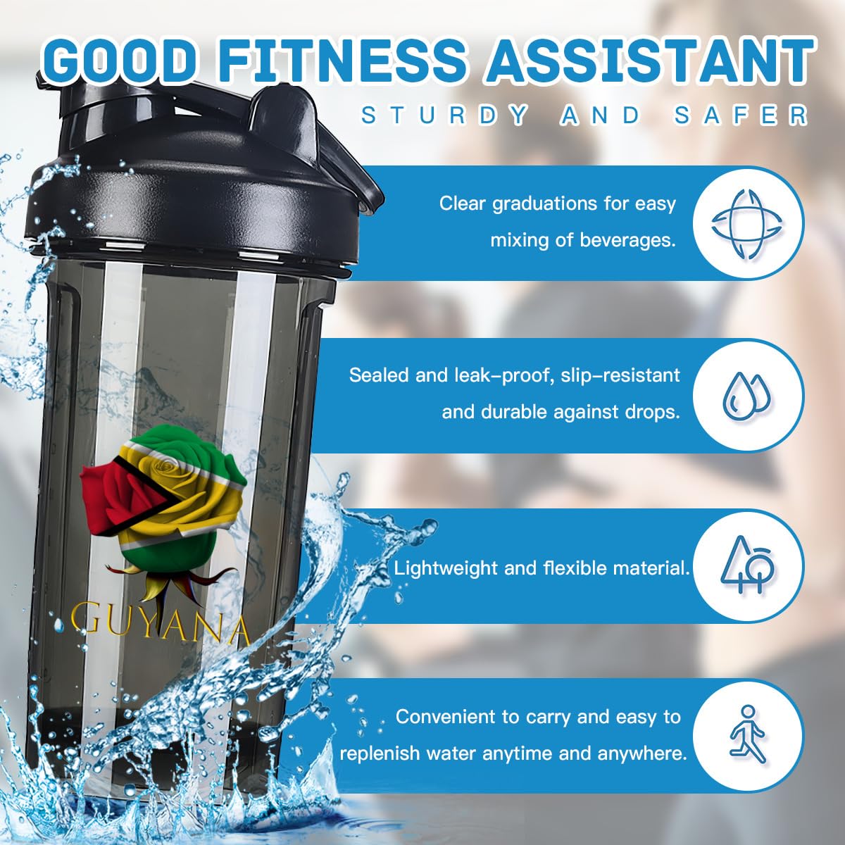 Rose Guyanese Flag 18 Ounce Shaker Bottle Drink Mixer Leak-proof Pre Workout Protein Shakes Meal Replacement Shakes Bottles 500ML/18 Oz Black