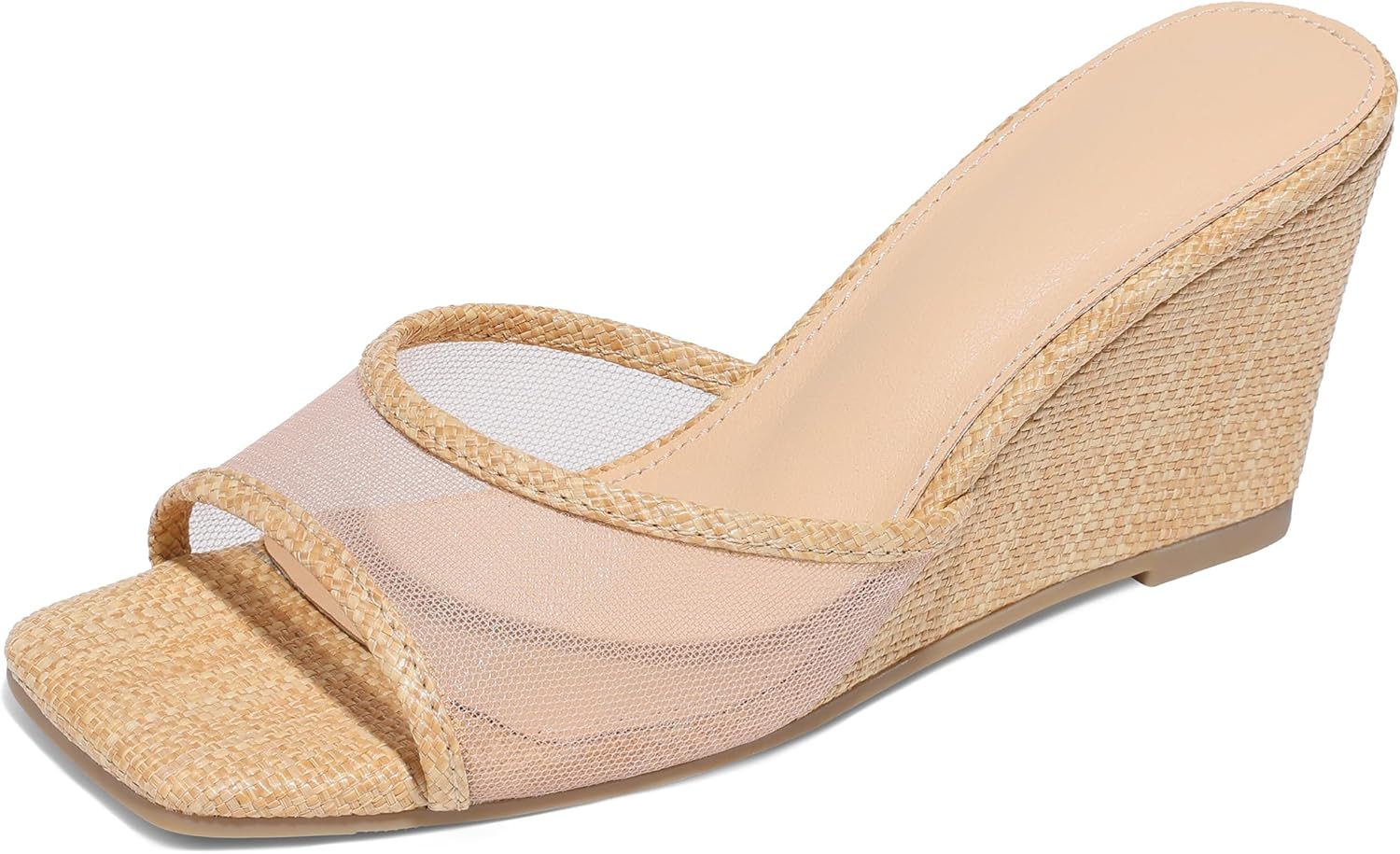 Erocalli Wedge Sandals for Women Square Open Toe Raffia Dressy Sandals Comfortable Mesh Beach Summer Shoes Casual Low Heel Mules