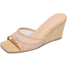 Erocalli Wedge Sandals for Women Square Open Toe Comfortable Raffia Dressy Sandals Mesh Beach Summer Shoes Casual Low Heel Mules