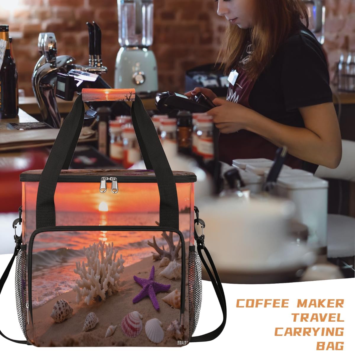 Coastal Decor Portable Coffee Maker Carrying Bag Compatible with Keurig K-Mini or K-Mini Plus - Travel Storage Tote with K-Cup Pod Pockets for Single Serve Coffee Brewer