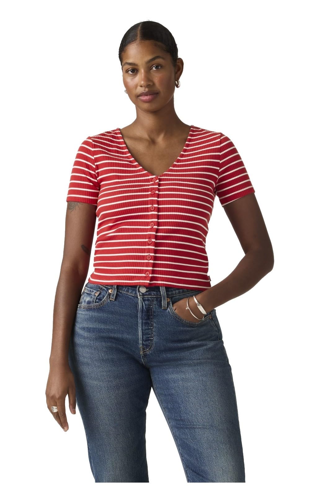 Levi's Women's T-Shirt Muse Tee with V-Neck, Ribbed, Red (Penelope Stripe Urba), S