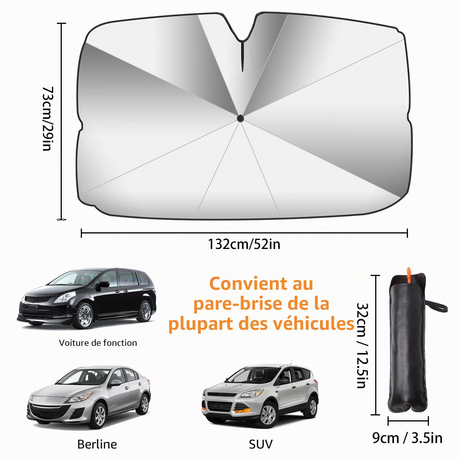 Parapluie Pare Soleil Pare Brise Avant de Voiture 132*73 cm Rotation à 360° Amélioré Parapluie de Voiture Pliable Pare-Soleil Couverture Protection UV Isolation Thermique Pliable Automobile L