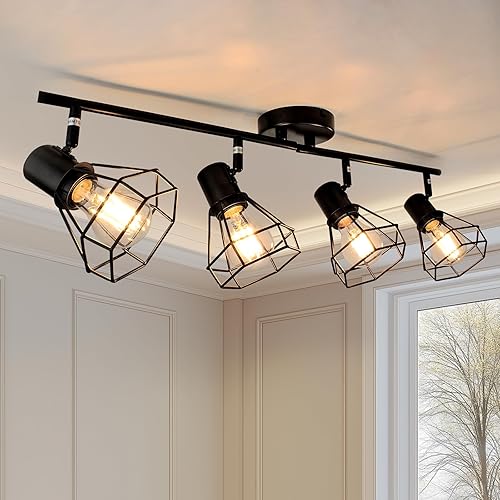 Miniatura 1 de Iluminación de riel ajustable de 4 cabezales, luz de techo negra de granja con jaula de alambre, focos direccionales para cocina, pasillo,