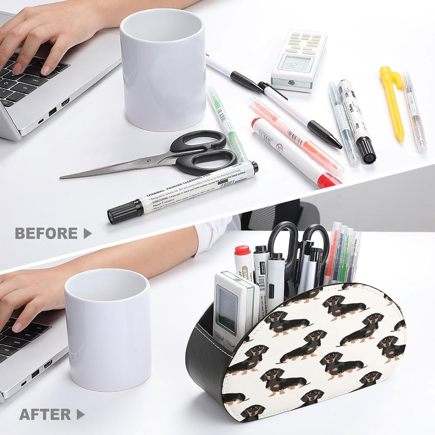 Leather Remote Control Holder with 5 Compartments Dachshund Weiner Pet Dogs TV Remote Holder Remote Caddy Storage Box Desktop Organizer for Media Player Heater Controller Office Supplies image 3