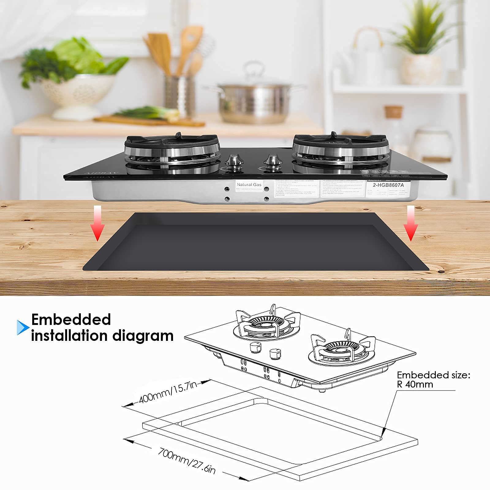30" Gas Cooktop, 2 Burner Gas Hob Builtin Natural Gas Cooker, Dual