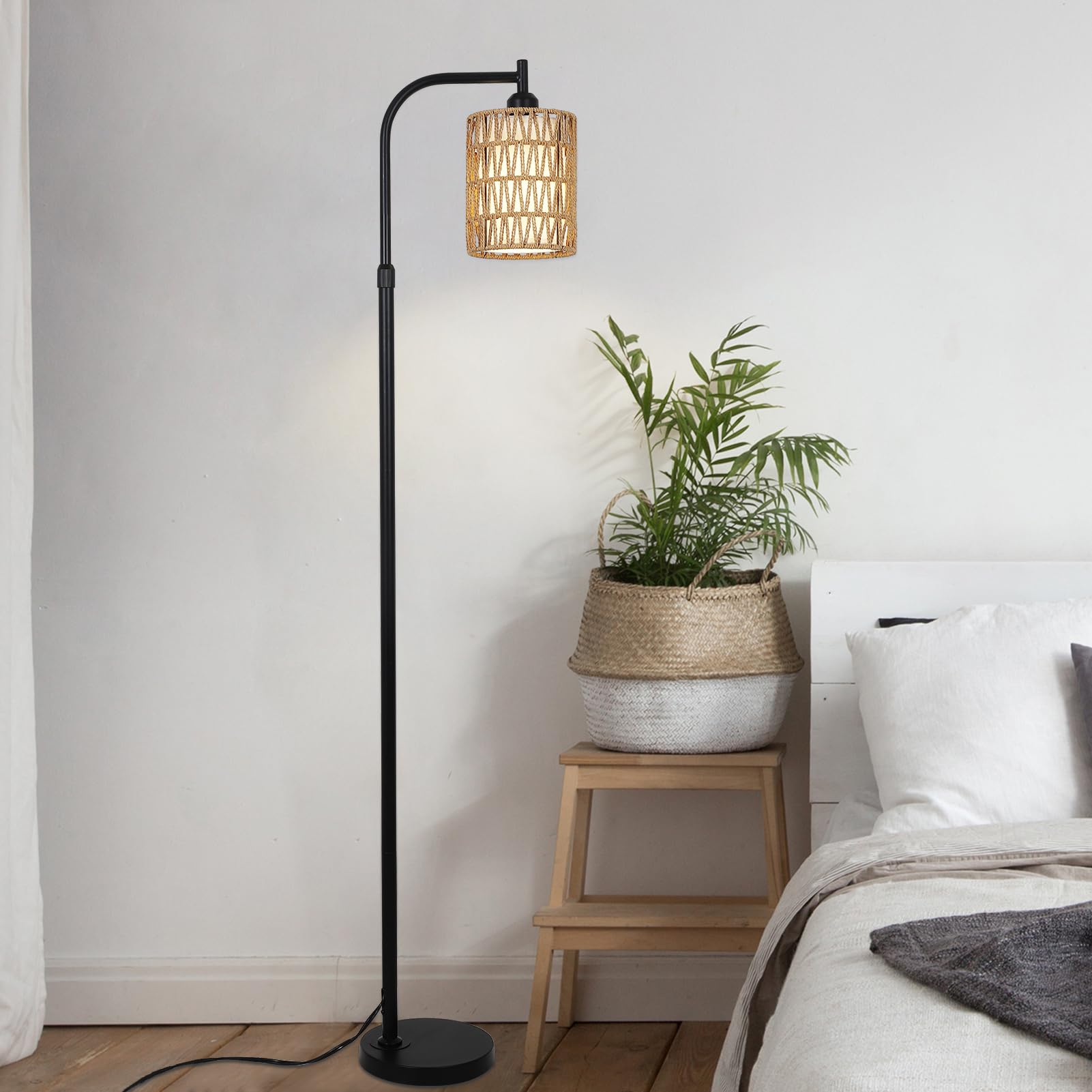 Rayofly Lámpara de Pie Ajustable Salón, Lámpara de Pie de Ratán con Mando a Distancia, App Control, Lámpara de Pie Boho con Pantalla de Ratán y Lino, Lámpara de Pie para Dormitorio, Altura Ajustable