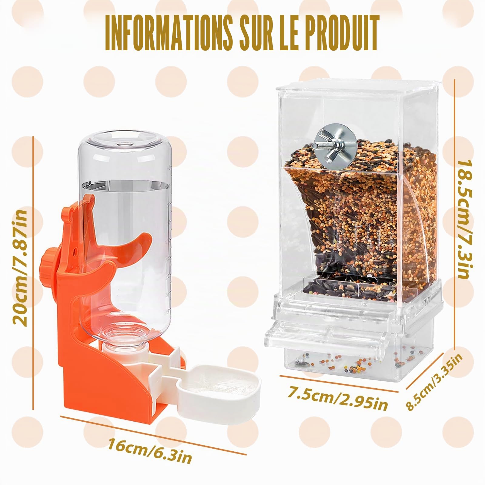 Distributeur automatique de nourriture pour oiseaux et distributeur d'eau : distributeur de nourriture transparent à suspendre pour oiseaux et distributeur d'eau pour perruches, calopsittes, canaris