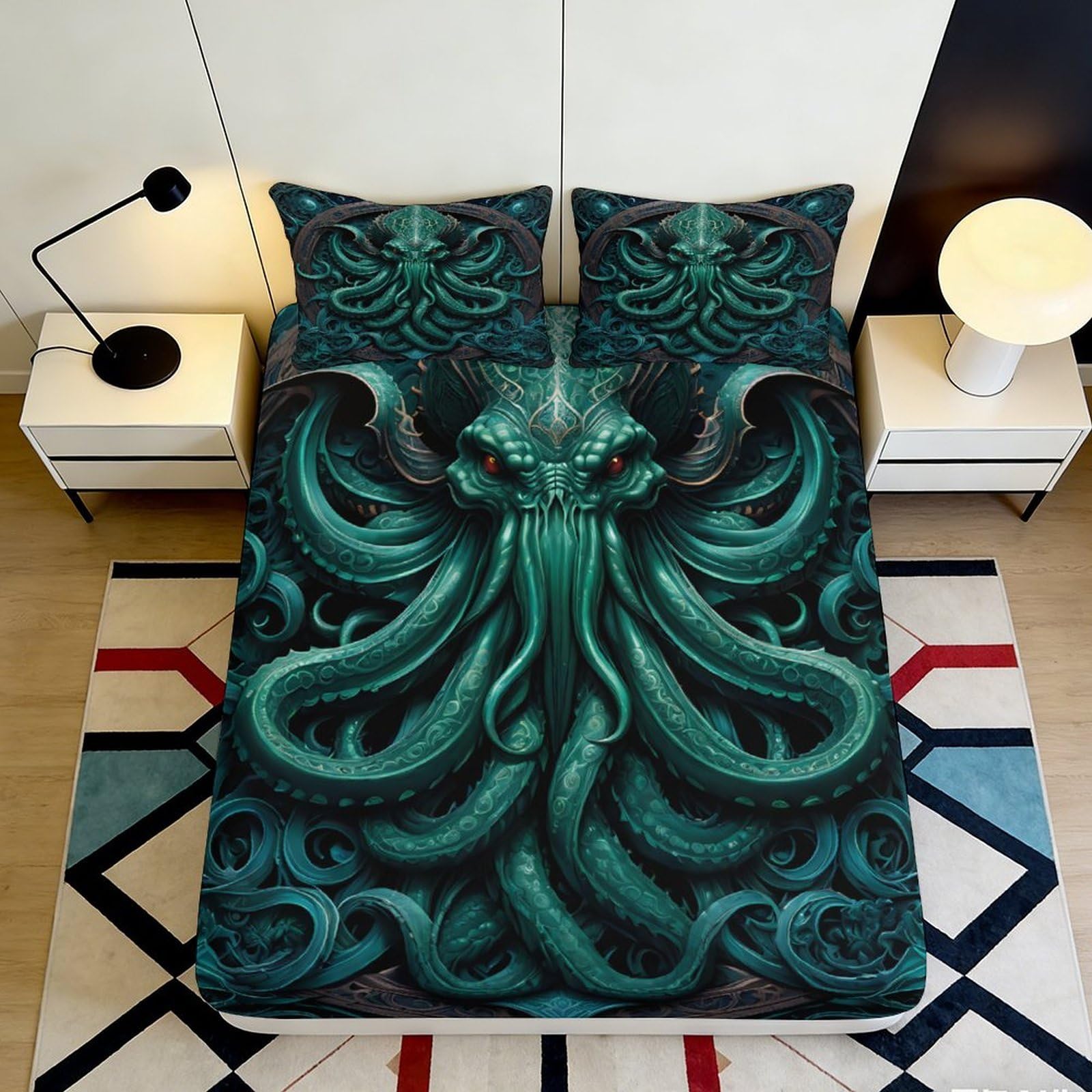 3D Printed Cthulhu Octopus Fitted Sheet Microfiber Soft Breathable Gothic Kraken Bed Cover for Bedroom Dorm Decor 90x200x25cm