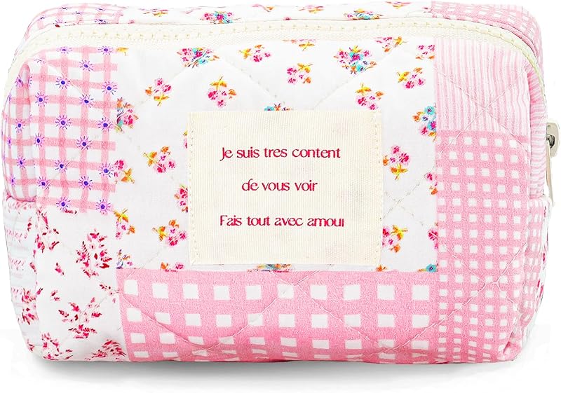Necessaire de maquiagem Sminra em algodão matelassê com estampa floral e zíper, Rosa Floral Collage-S