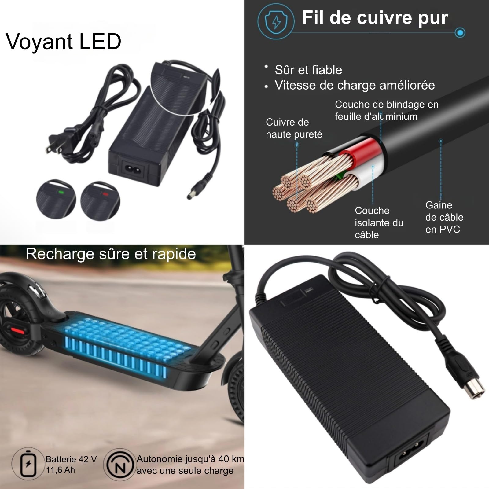 Chargeur trotinette Norme européenne 42V 2A équipée de 6 connecteurs différents, adaptée à Divers modèles de Scooters