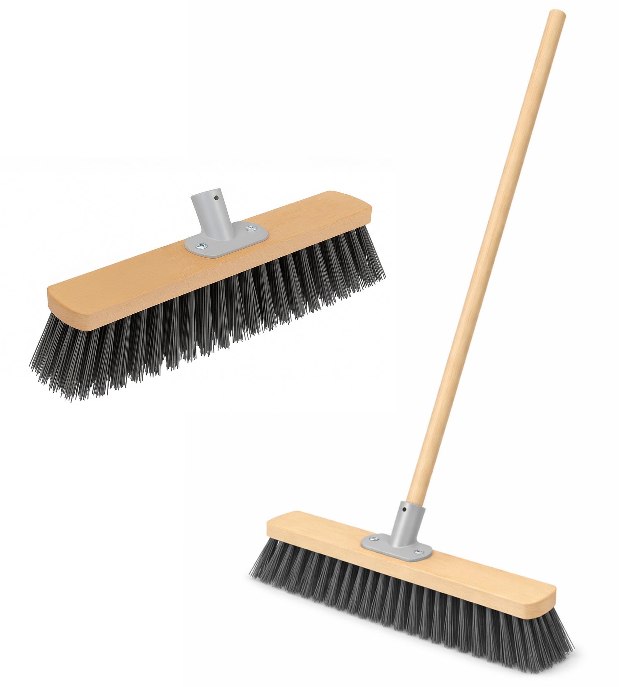 BH | Outdoor Broom - 1.2m Wooden Stick | 16" Head | Silver | Stiff Hard Bristles Sweeping Brush | Scrub Brush long Handle | Hard Floor Sweeping Brush for Patio Garden Driveway & Garage - By BEST HOUSE