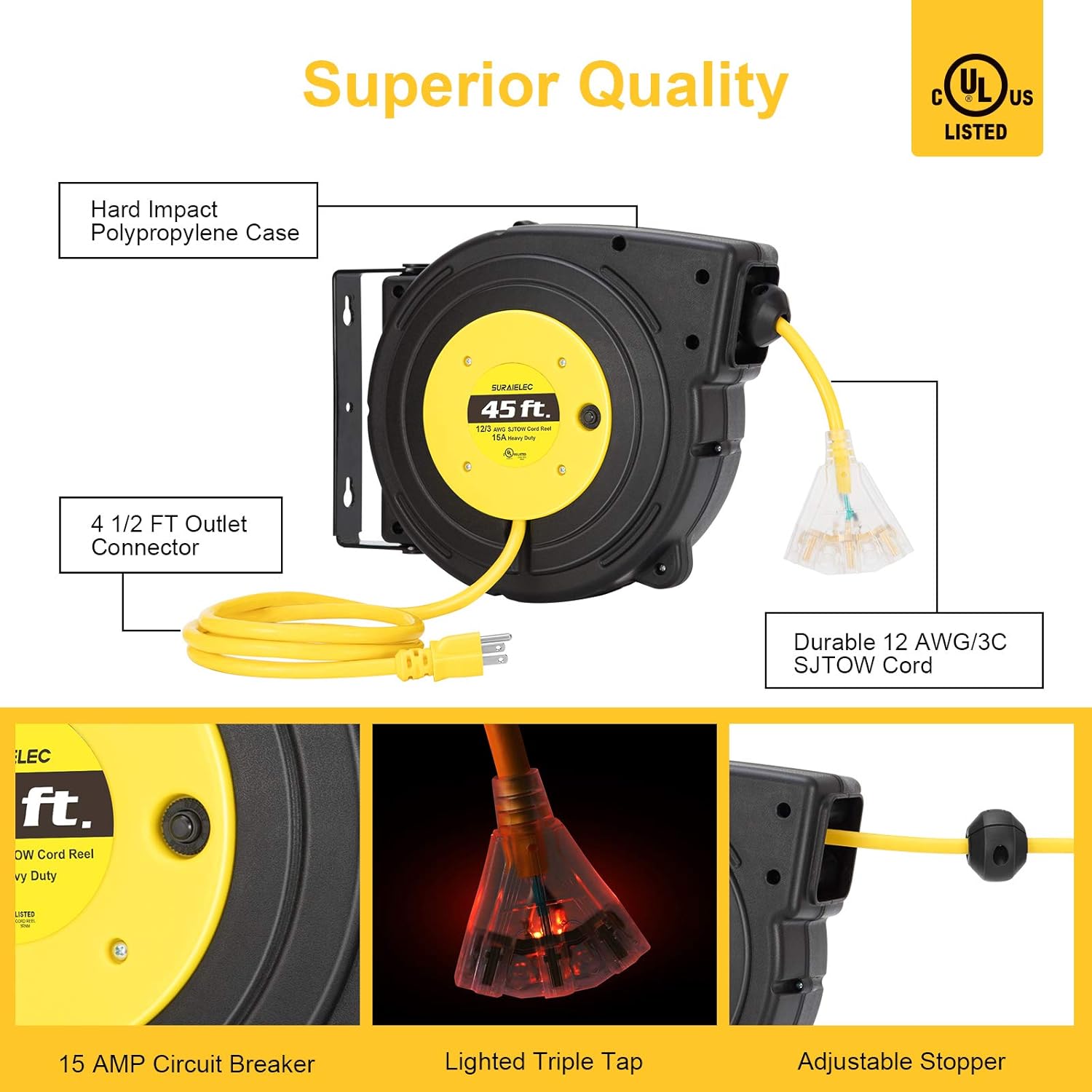 Tор Brаndѕ Suraielec 12 Gauge Extension Cord Reel, 45 FT Retractable Extension Cord, 12 AWG/3C SJTOW Heavy Duty Power Cord, 15 AMP Circuit Breaker, Lighted Triple Tap, Ceiling or Wall Mount, UL Listed
