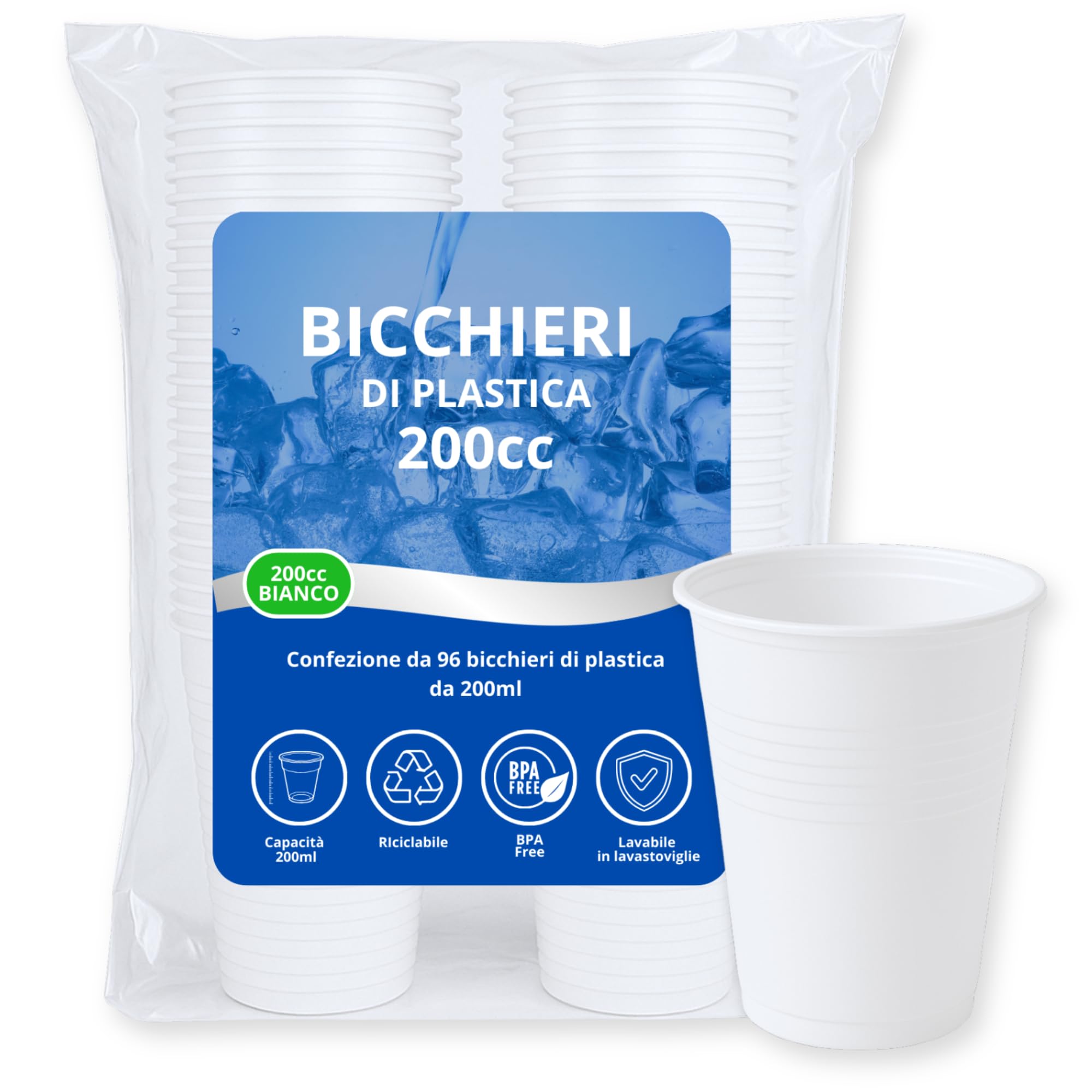 Bicchieri Plastica Bianchi Monouso (200 ml) | 96 Pezzi Usa e Getta o Riutilizzabili fino a 50 Lavaggi | Lavastoviglie | Senza BPA | Impilabili | Acqua Cocktail Birra Feste Buffet Ufficio Catering