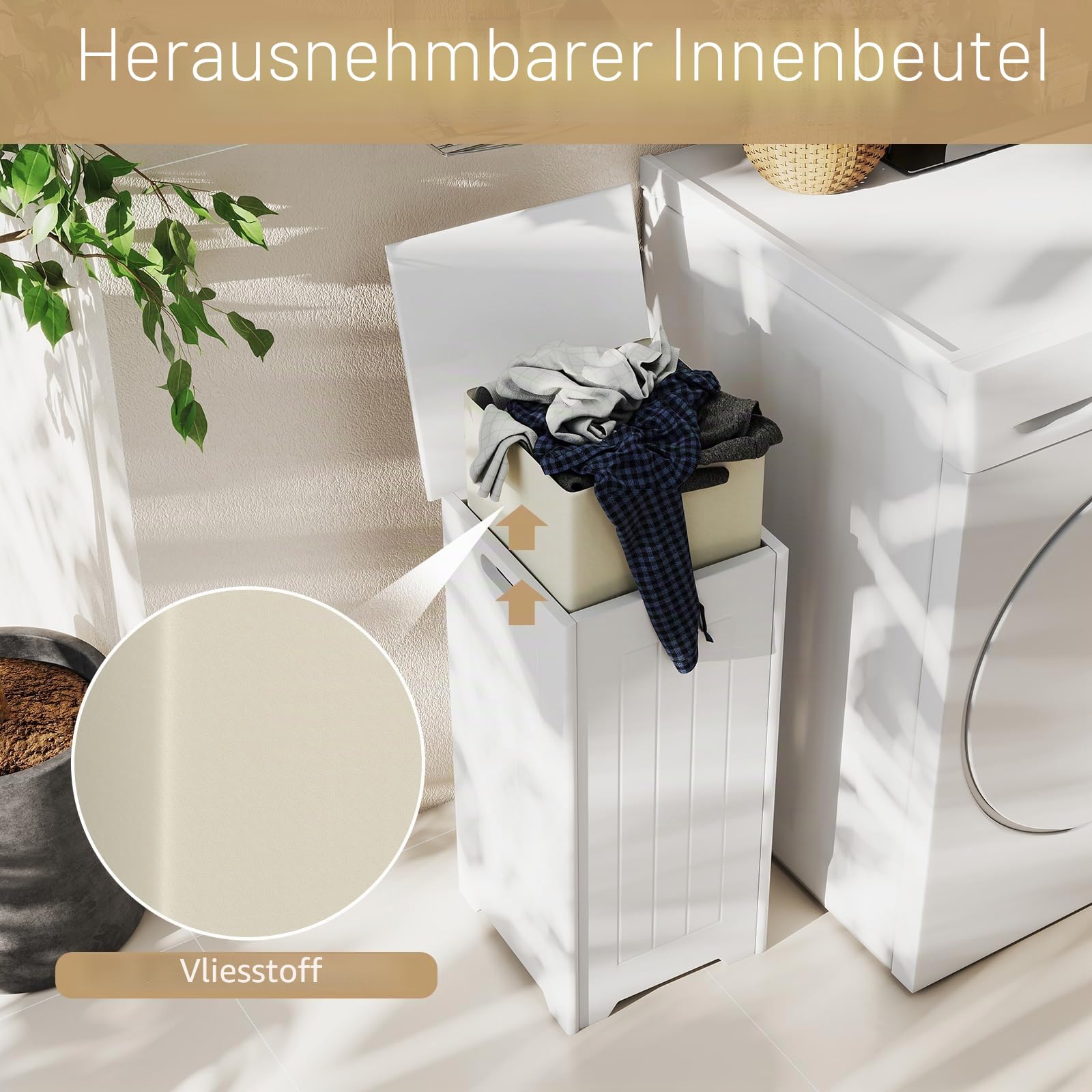 LIFEZEAL Wäschekorb mit Deckel, 54L Wäschebox mit Metallstützstange & ausgehöhlten Tragegriffen, Wäschesammler Wäschetruhe Platzsparend, 30 x 30 x 61 cm, Weiß (mit Innentasche)